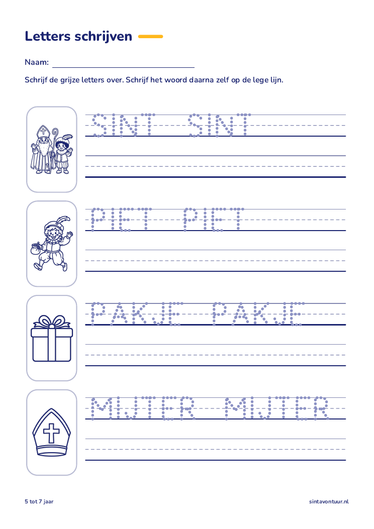 Letters schrijven, sinterklaas werkblad om te printen