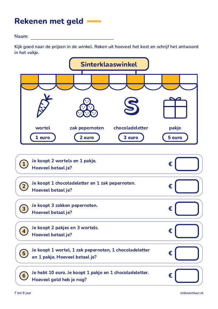 Rekenen met geld, sinterklaas werkblad om te printen