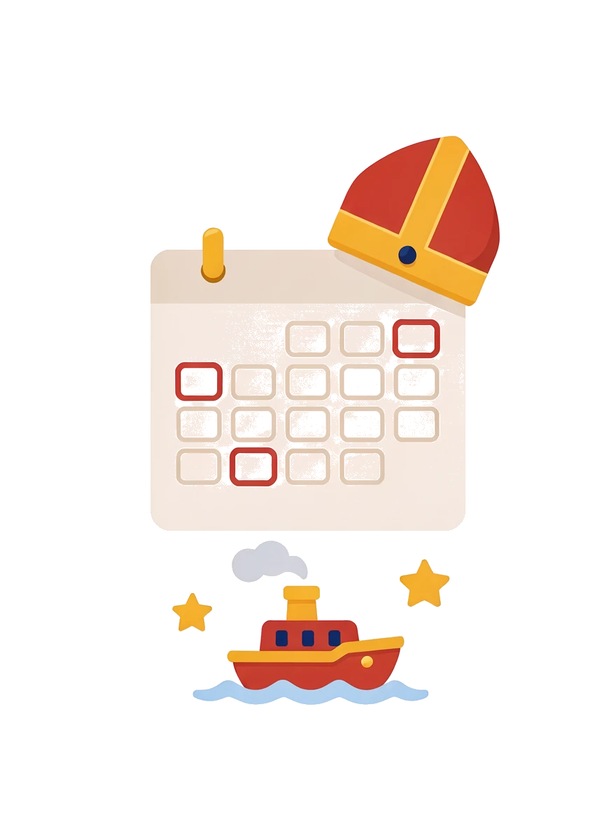 Kalender met omcirkelde datums en een stoomboot voor Sinterklaas 2026
